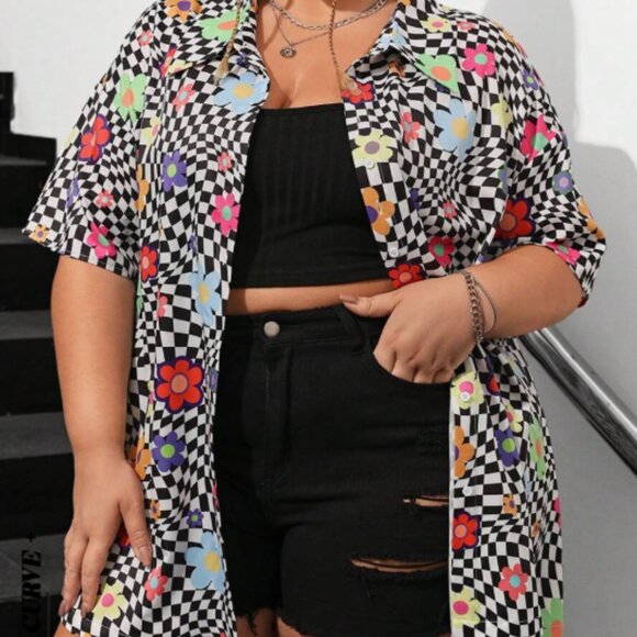 SHEIN Plaid Floral Dropped Shoulder Short Sleeve Collared Y2K Button Down 5X/22 - Picture 4 of 7